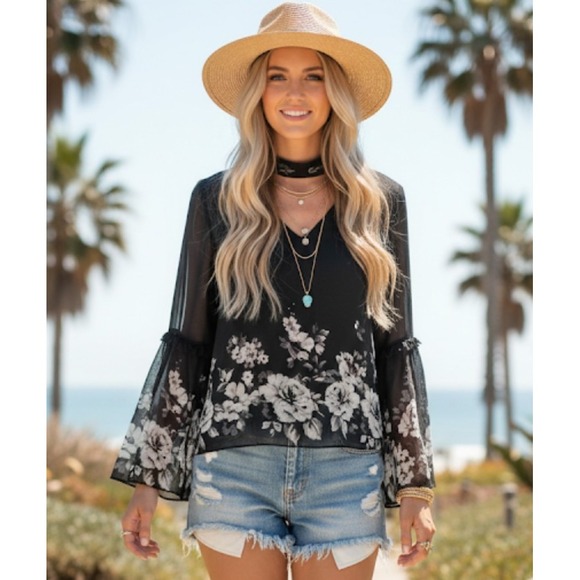 White House Black Market Tops - White House Black Market WHBM sz 2 Black Floral Choker Neck Blouse Top Career #6
